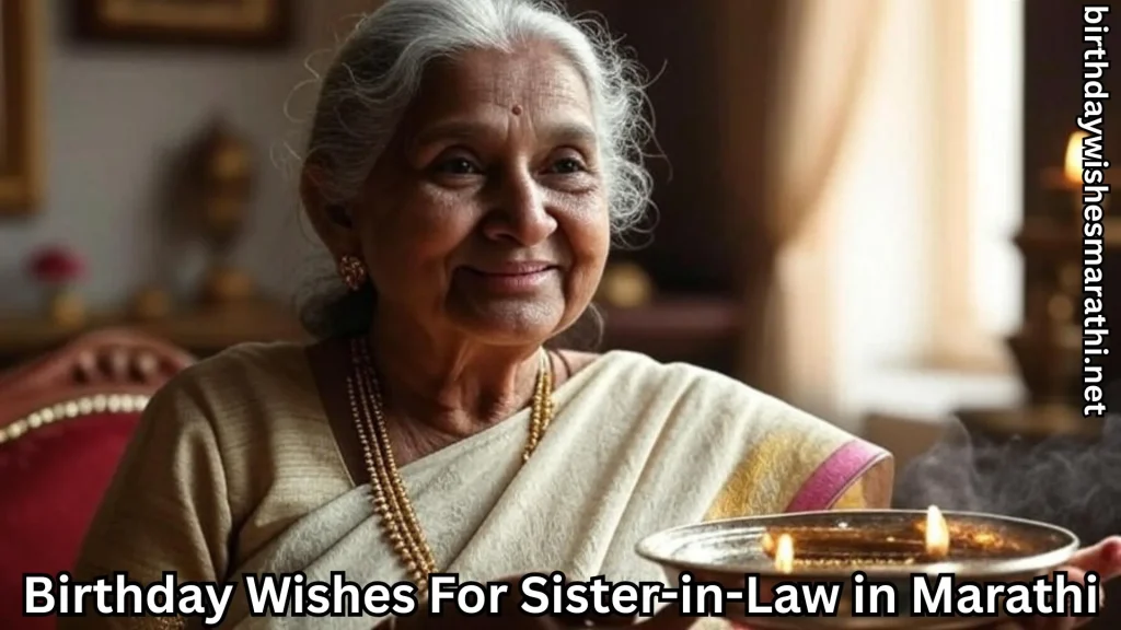 Elderly woman in traditional saree with birthday wishes for sister-in-law in marathi text overlay