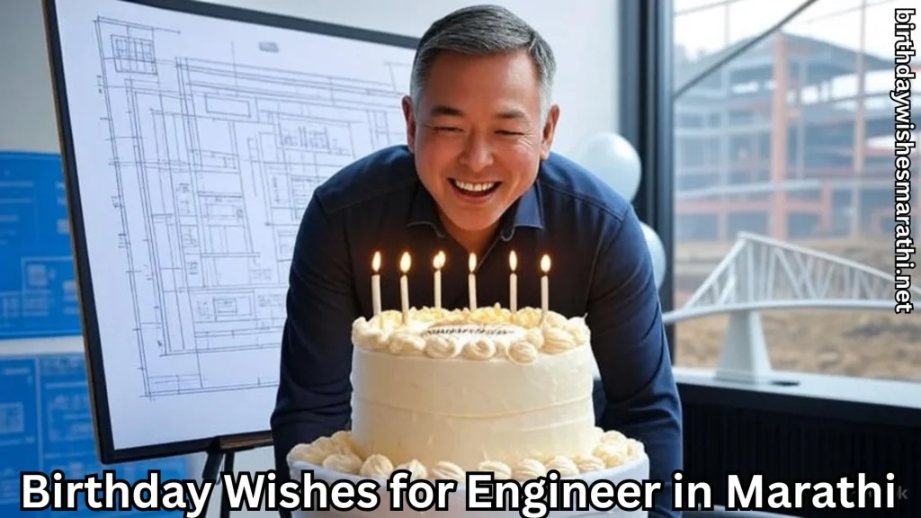 Engineer smiling with birthday cake and birthday wishes for engineer in marathi text overlay