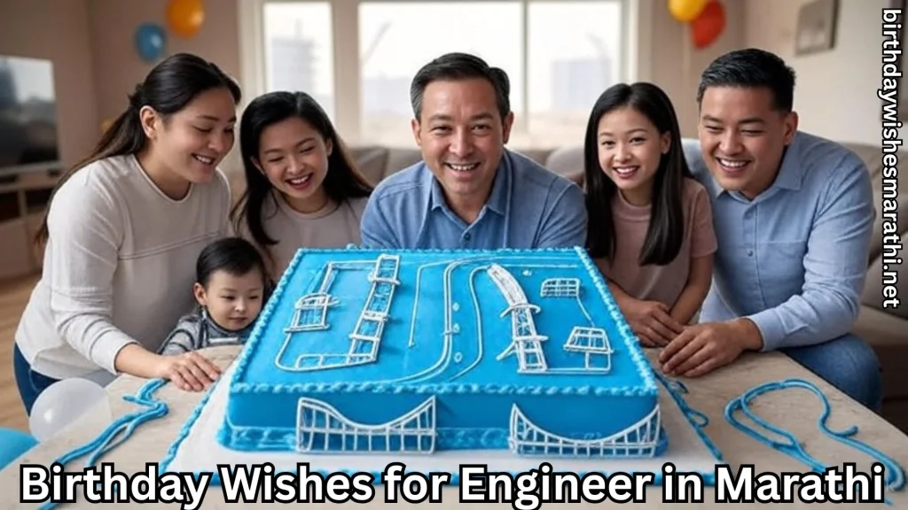 Engineer with family celebrating birthday with bridge-shaped cake