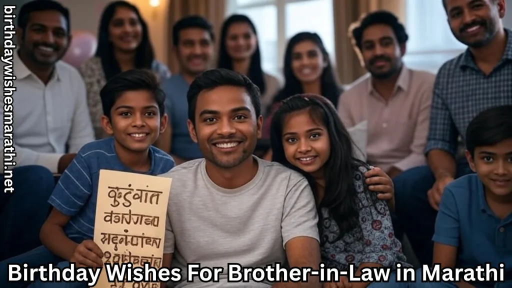 Family celebrating birthday and birthday wishes for brother-in-law in marathi text overlay