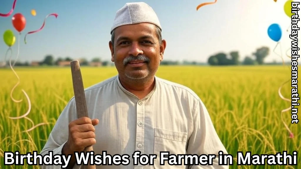 Farmer with sickle smiling in field with balloons in background
