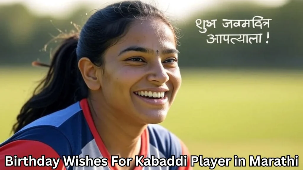 Female player smiling and birthday wishes for kabaddi player in marathi text overlay