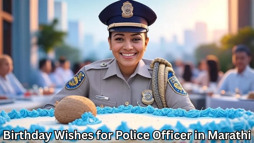 Female police officer smiling and birthday wishes for police officer in marathi text overlay