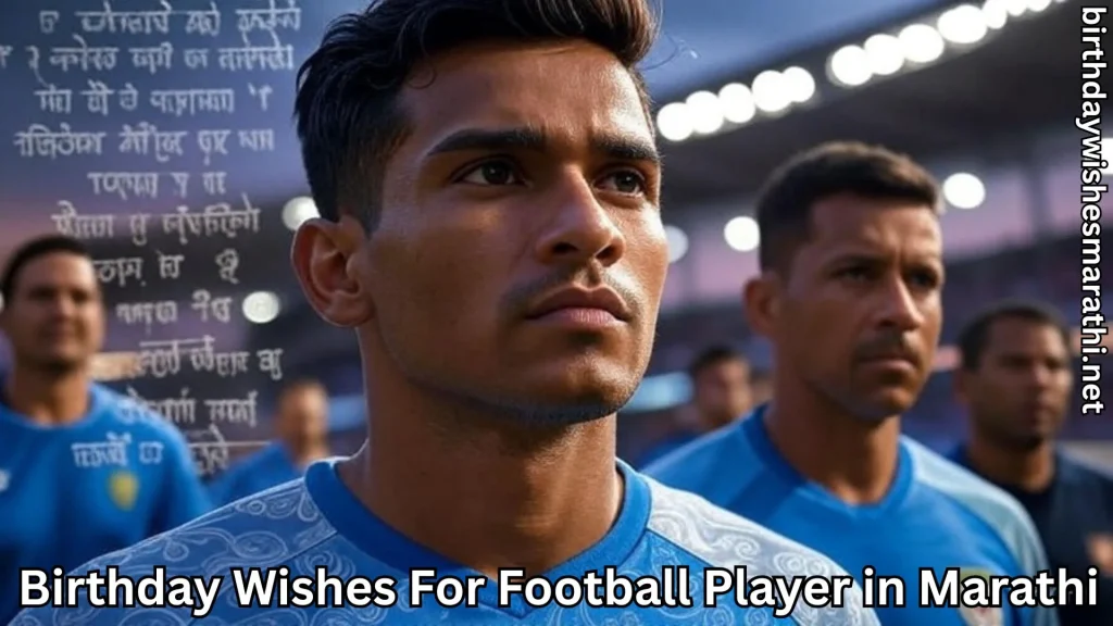 Focused player in blue jersey with birthday wishes for football player in marathi text overlay