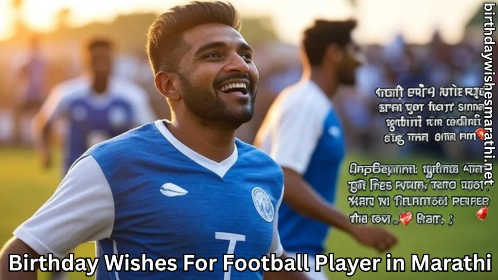 Footballer in blue kit smiling during sunset with Marathi birthday text