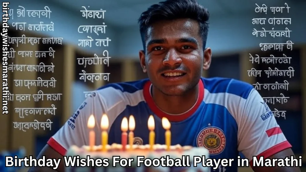 Footballer in jersey behind birthday cake, Marathi wishes on both sides