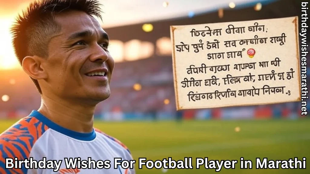 Footballer with spiky hair and birthday poem in Marathi on stadium field