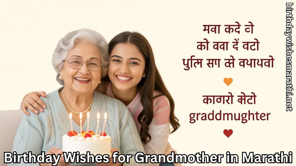 Granddaughter hugging grandmother with birthday cake and text
