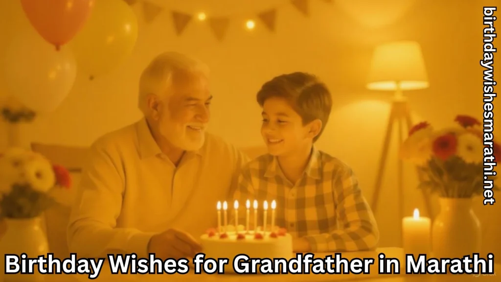 Grandfather and grandson celebrating birthday with birthday wishes for grandfather in marathi text