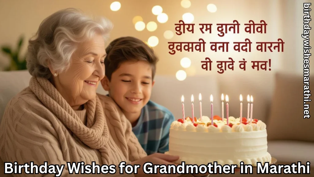 Grandmother and boy smiling at birthday cake with Marathi text