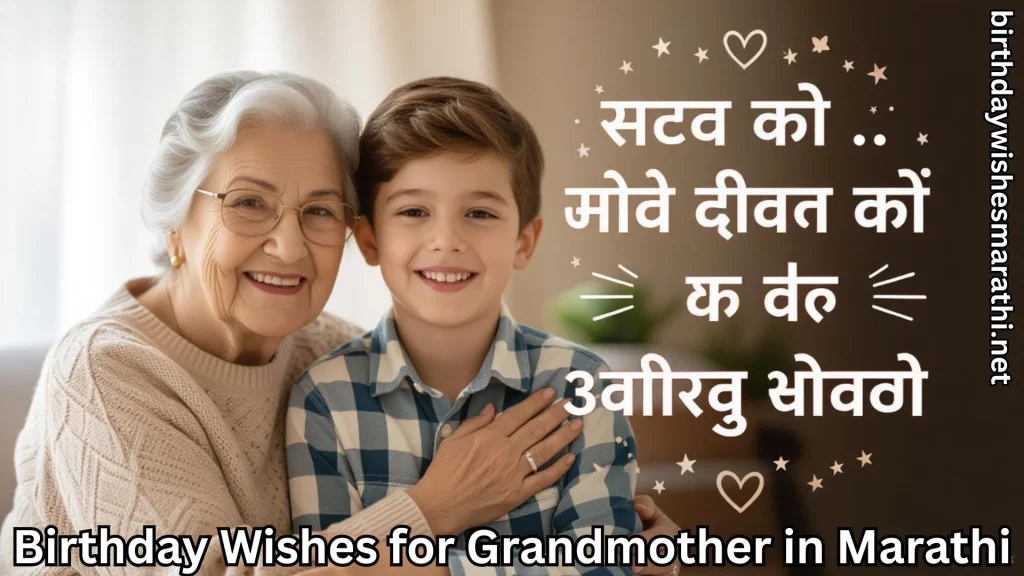 Grandmother and grandson hugging with birthday wishes for grandmother in marathi text overlay