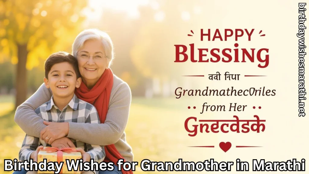 Grandmother hugging boy with birthday wishes for grandmother in marathi text overlay