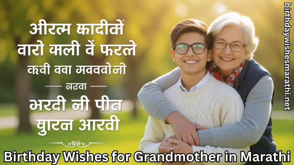 Grandmother hugging boy with glasses and long Marathi message