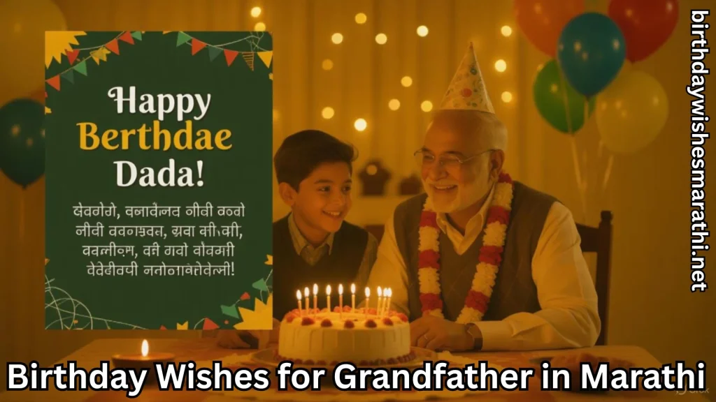 Grandson celebrating birthday with grandfather and cake in Marathi greeting image