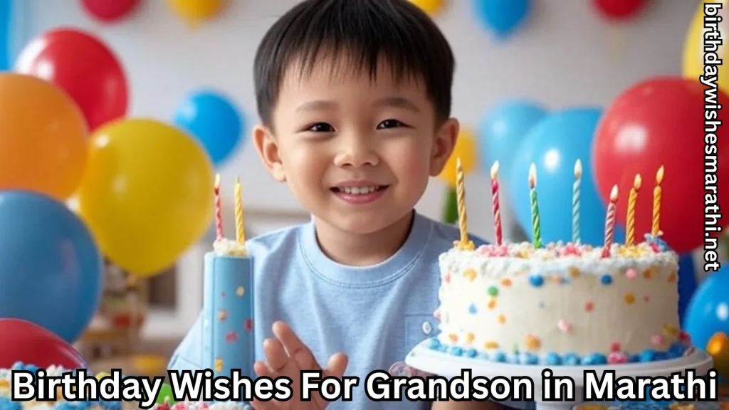 Grandson smiling near cake and birthday wishes for grandson in marathi text overlay