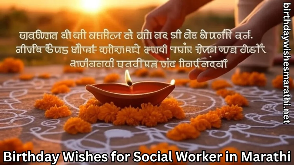 Hand placing diya on floral rangoli with birthday wishes for social worker in marathi text overlay