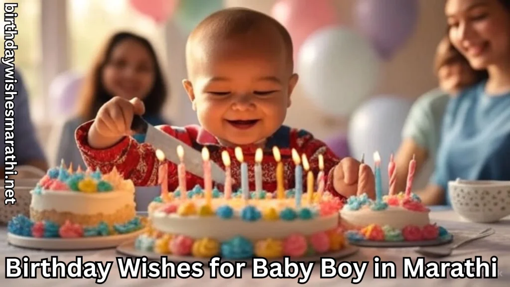 Happy baby boy cutting colorful cake with candles and balloons around
