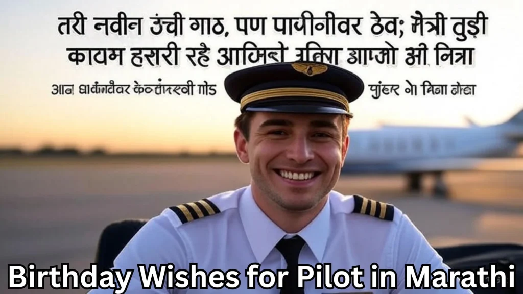 Happy pilot in uniform near runway with Marathi birthday quote