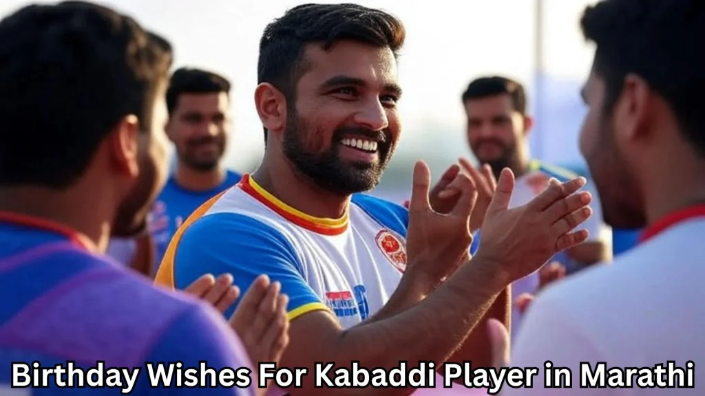 Kabaddi player clapping with teammates, wearing white-blue jersey outdoors