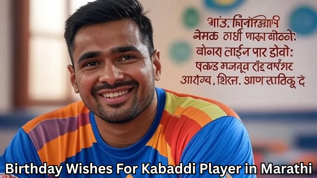 Kabaddi player smiling in multicolor jersey with Marathi wish in red font
