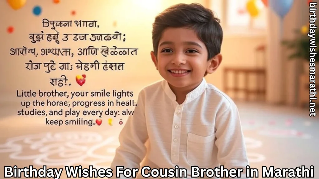 Little boy in white kurta with birthday wishes for cousin brother in marathi text overlay