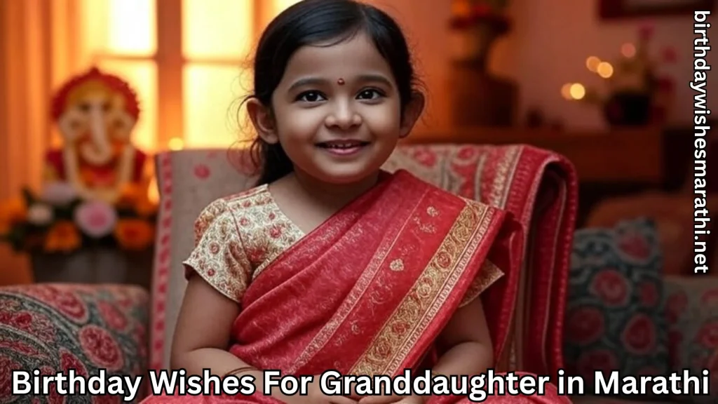 Little girl in red saree smiling with Ganesh idol in background