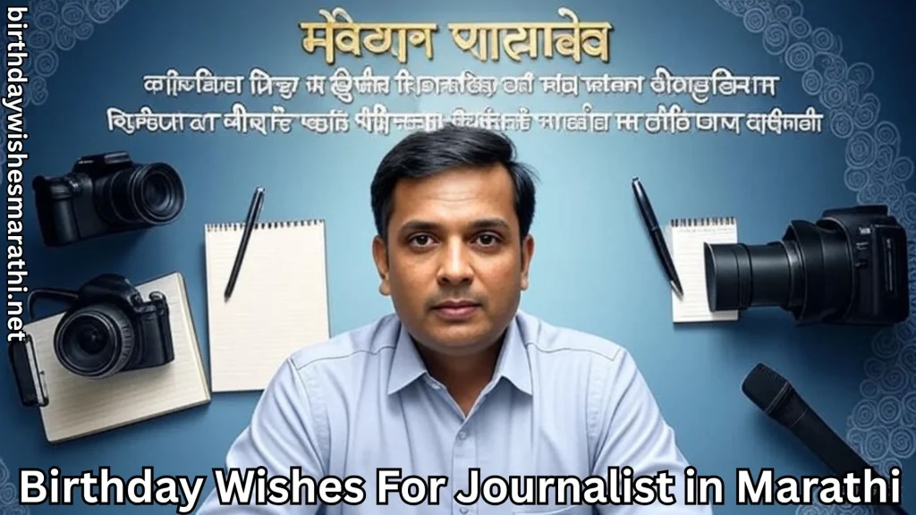 Male journalist surrounded by cameras and notepads with birthday wish