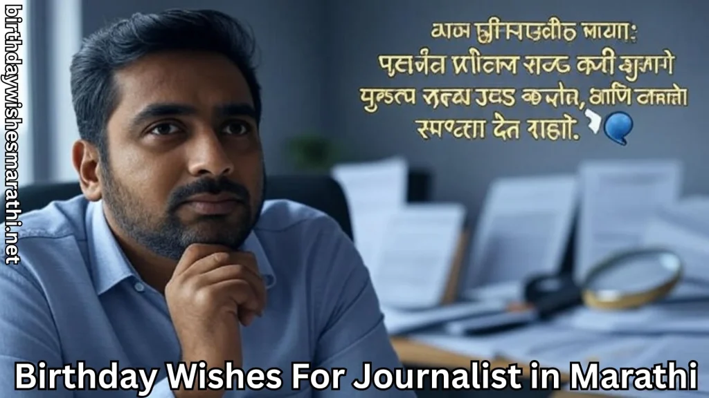 Male journalist thinking at desk with birthday wishes for journalist in marathi text overlay