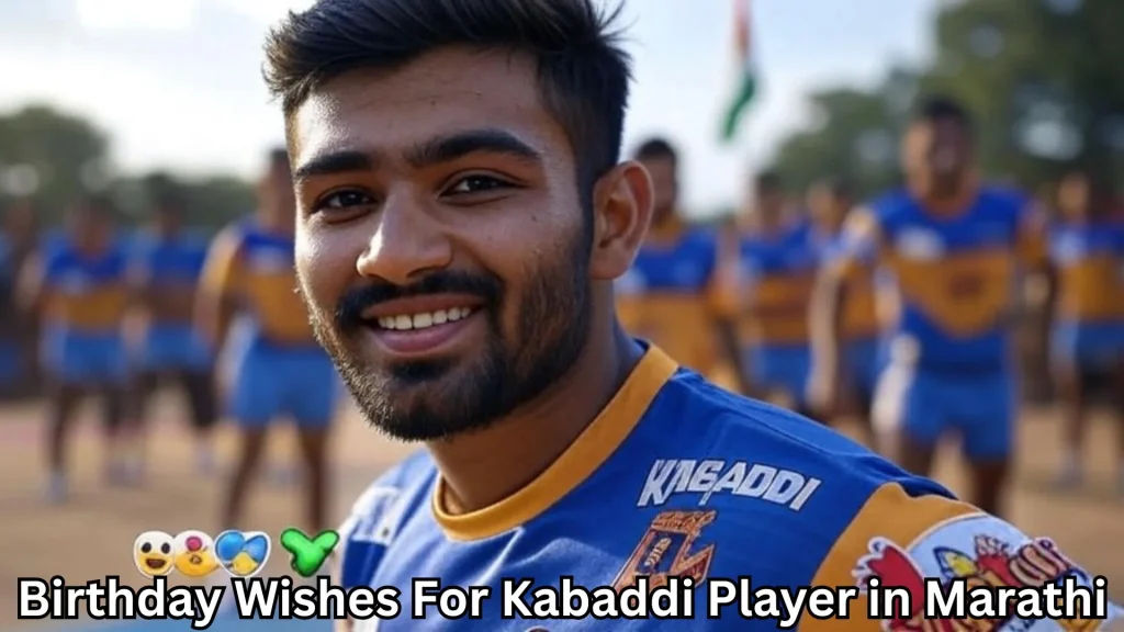 Male kabaddi player smiling in blue-gold jersey, team blurred in background