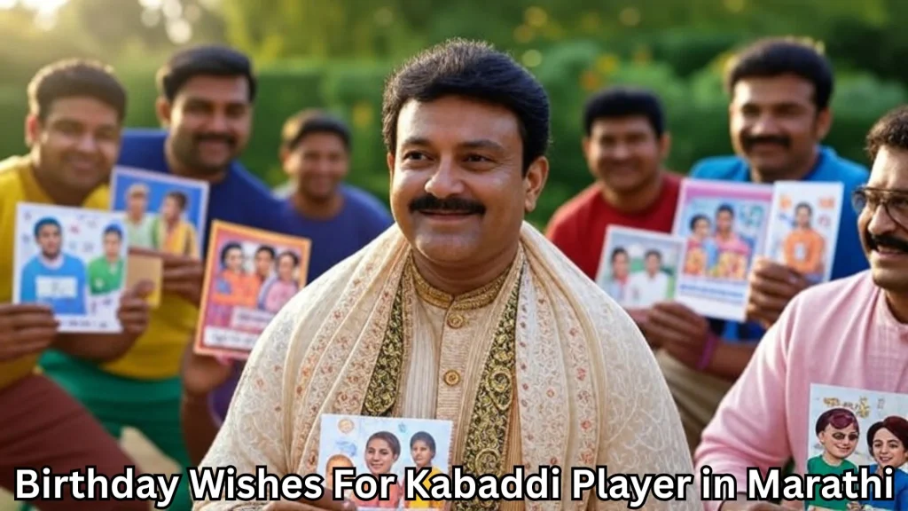 Man in traditional dress holding kabaddi-themed cards with group behind him
