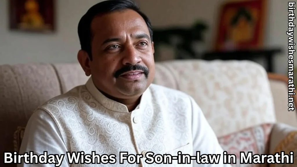 Man in white kurta smiling and birthday wishes for son-in-law in marathi text overlay