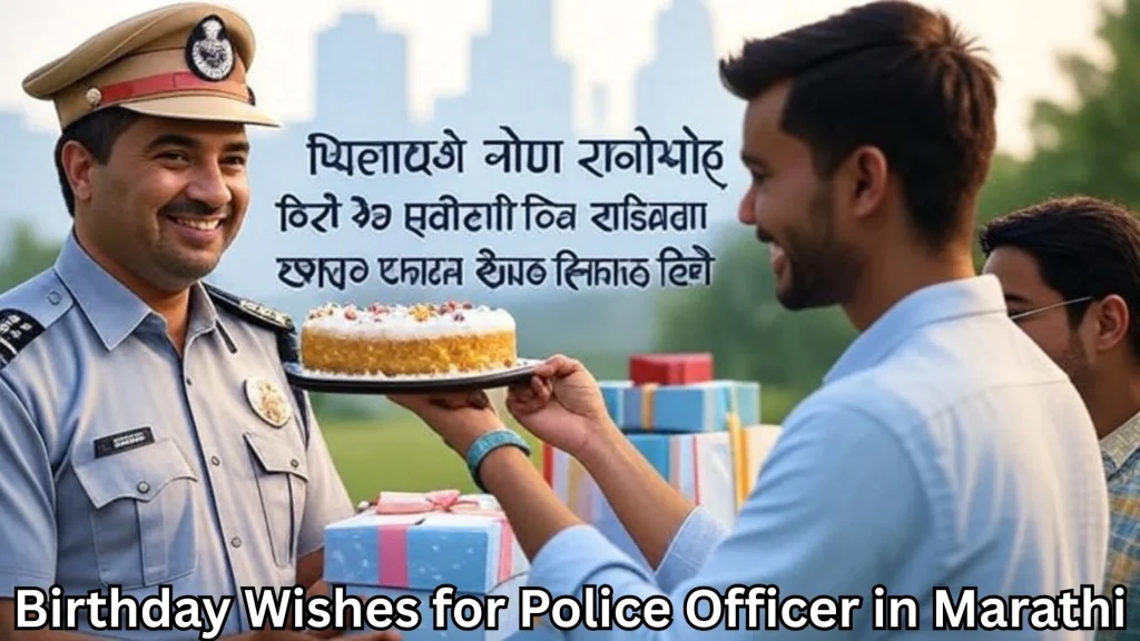 Man presenting cake to smiling officer outdoors with gifts nearby