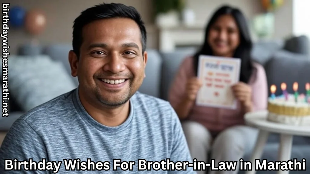 Man smiling as woman holds birthday card with Marathi wishes behind him