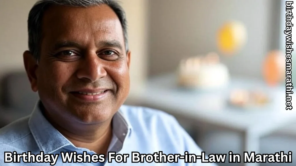Man smiling with cake and birthday wishes for brother-in-law in marathi text overlay