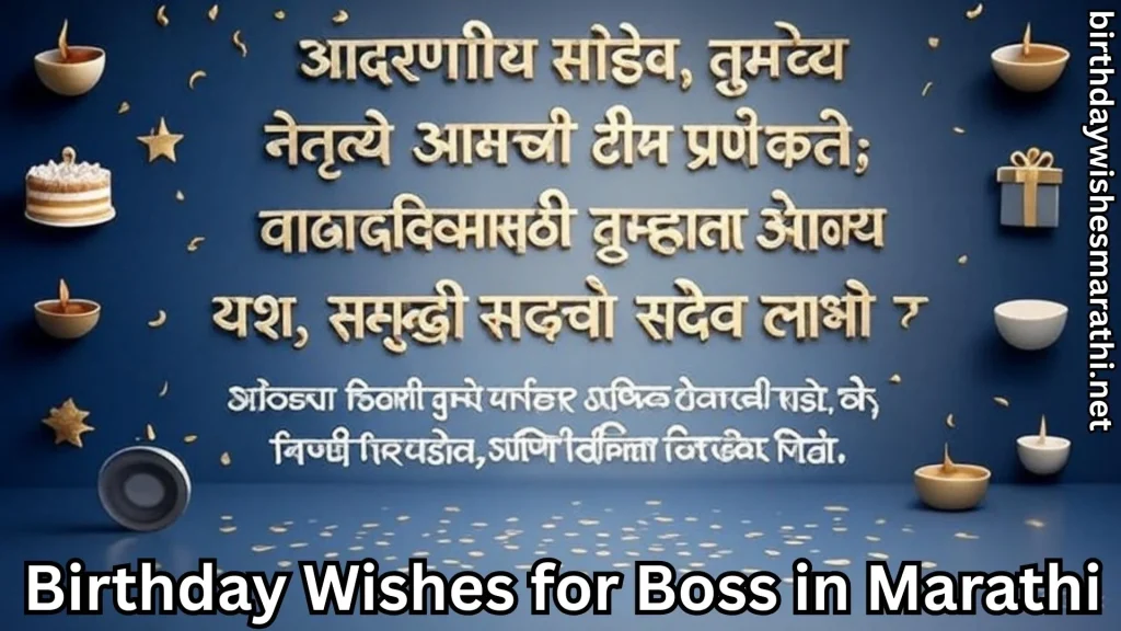 Marathi birthday wish for boss with blue and gold background