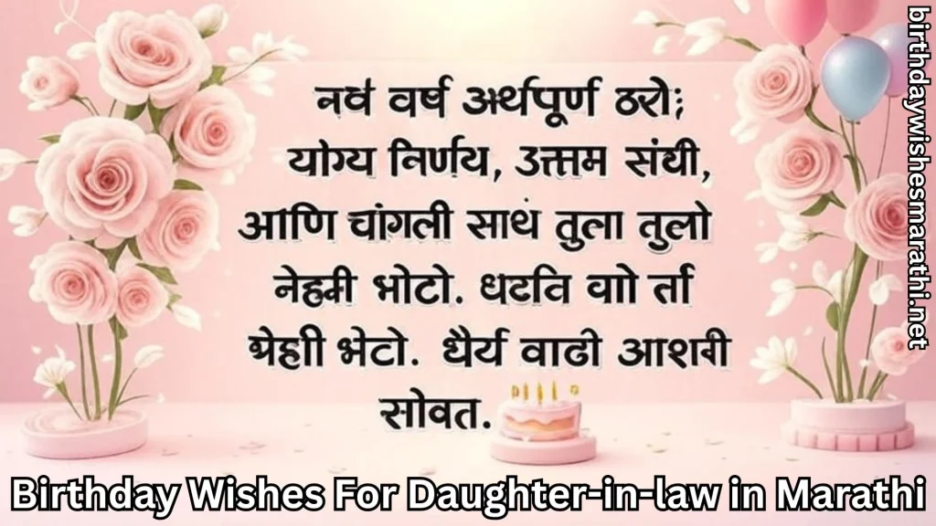 Marathi birthday wish text with pink roses and cake illustration