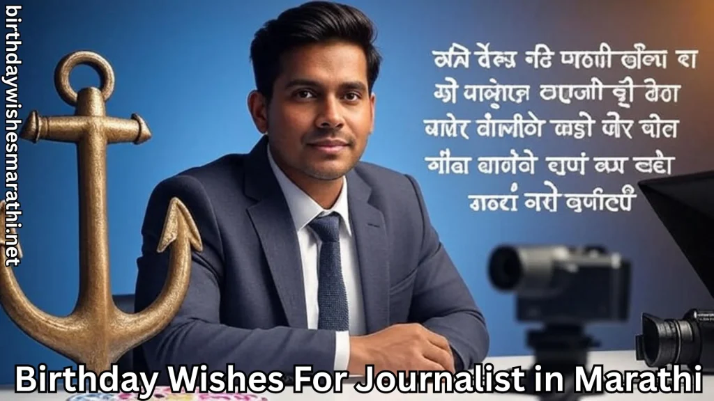 News anchor in suit with camera and anchor symbol on birthday theme