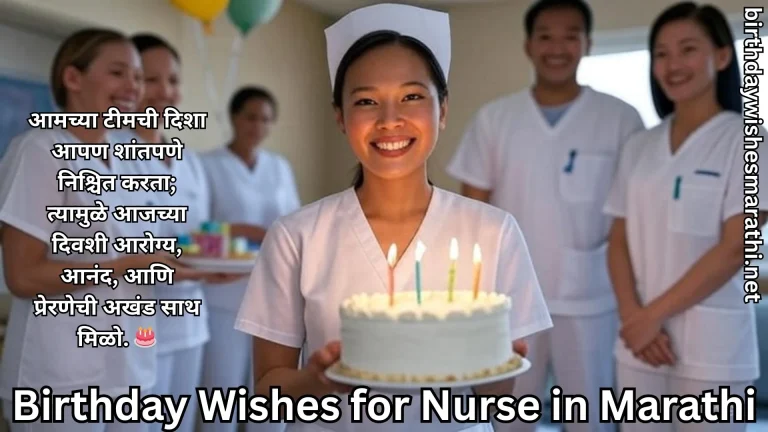 Nurse holding cake with candles and birthday wishes for nurse in marathi text overlay
