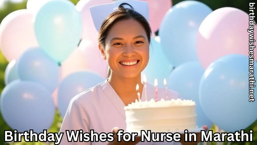 Nurse smiling outdoors holding cake with pastel balloons background