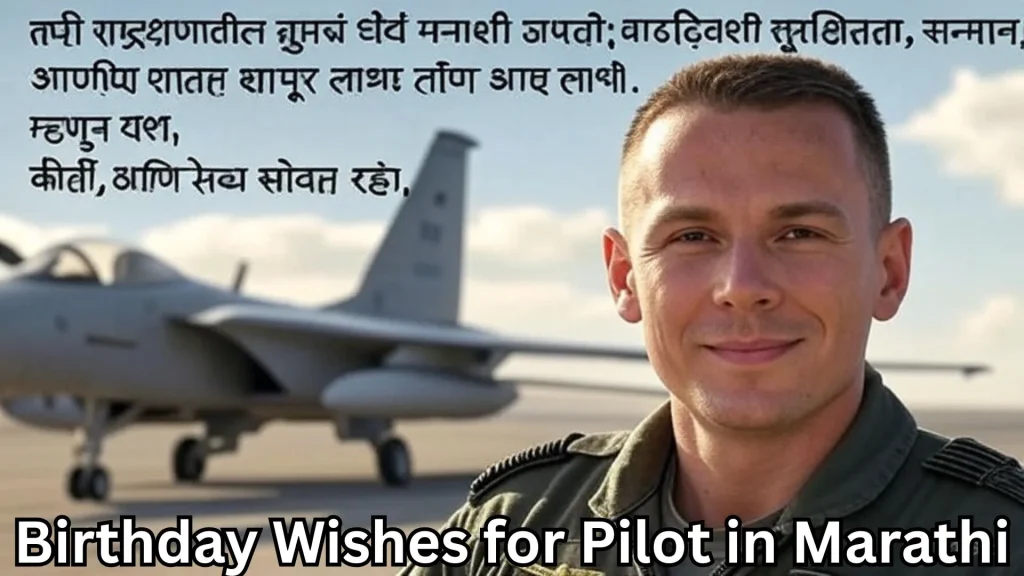 Pilot in front of jet aircraft with birthday wishes for pilot in marathi text overlay