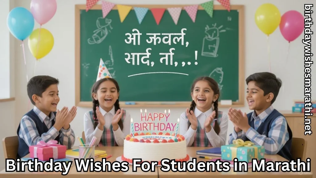 School kids clapping near birthday cake with Marathi wishes on board