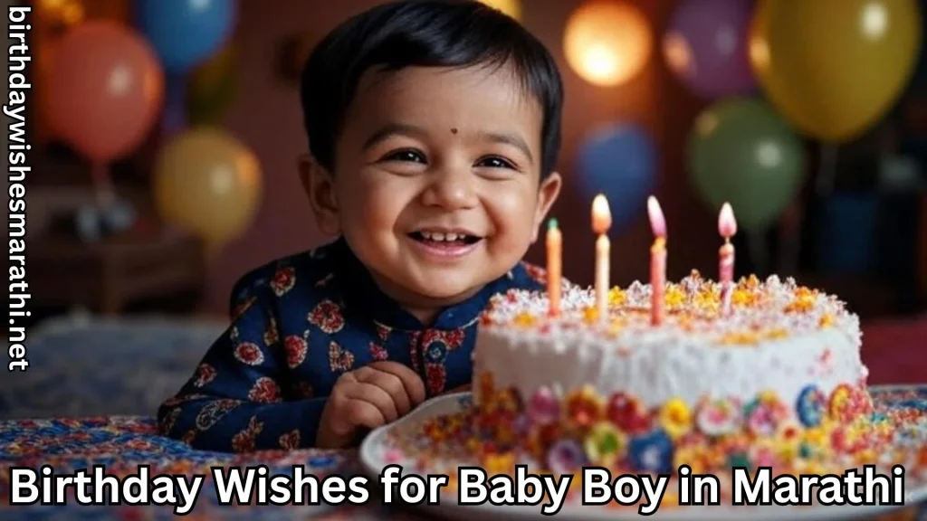 Smiling baby boy with birthday cake and candles in traditional outfit