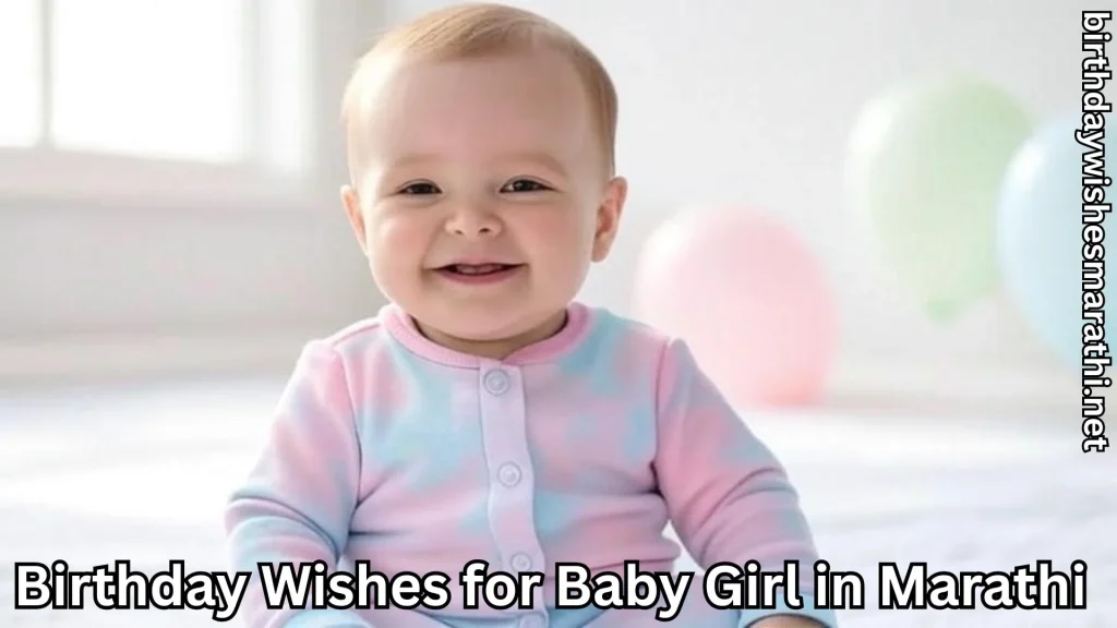 Smiling baby girl in pink and blue onesie with balloons in background