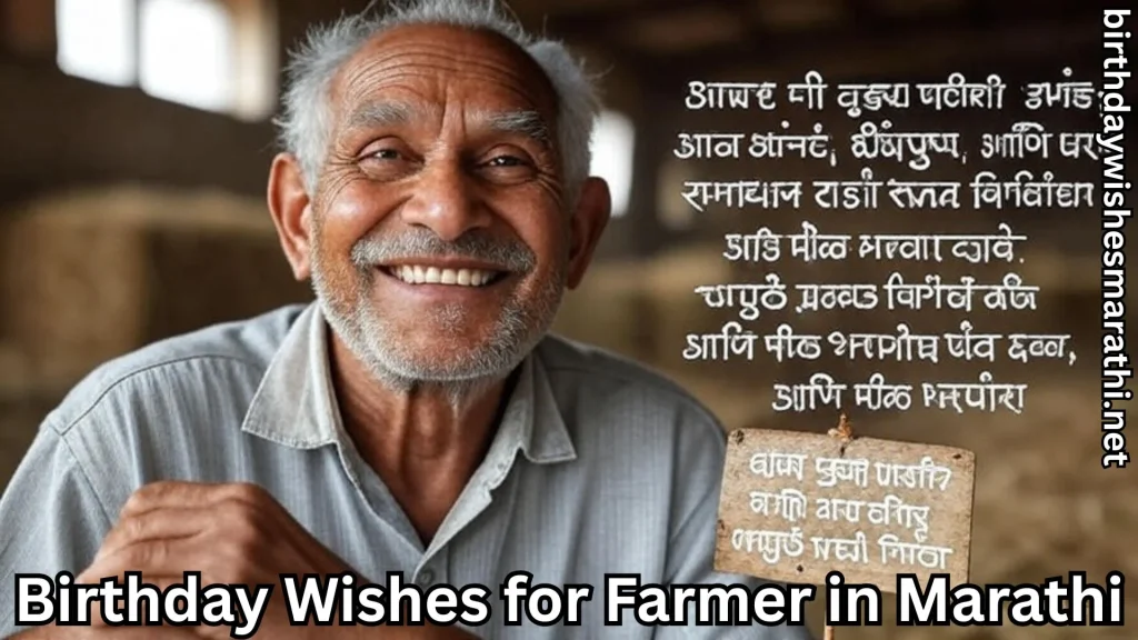 Smiling elderly farmer with birthday wish text in Marathi beside him