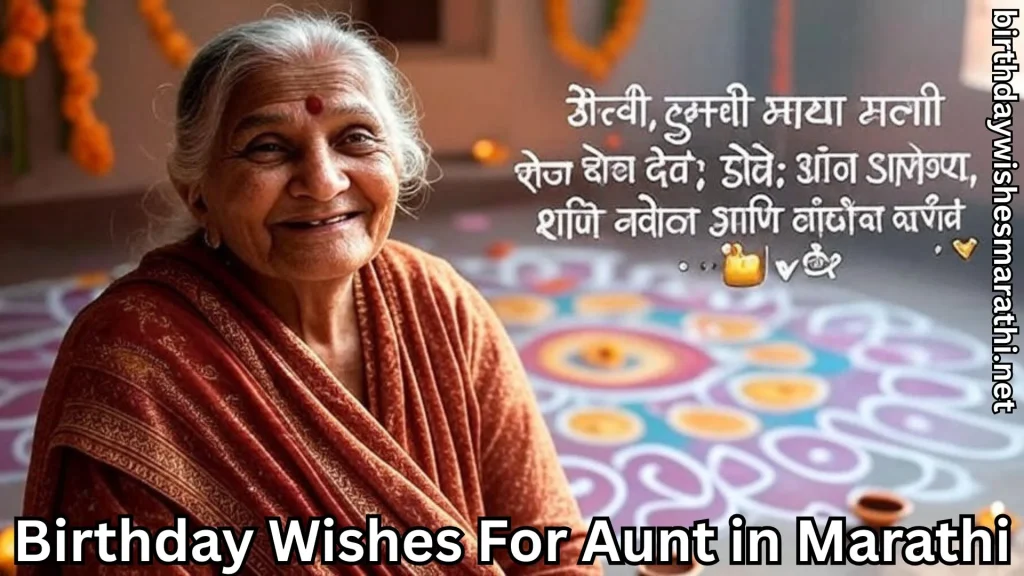 Smiling elderly woman with rangoli and Marathi birthday message