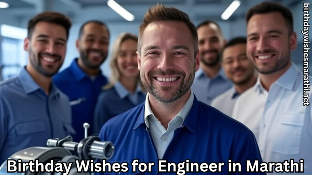 Smiling engineer with team and birthday wishes for engineer in marathi text overlay