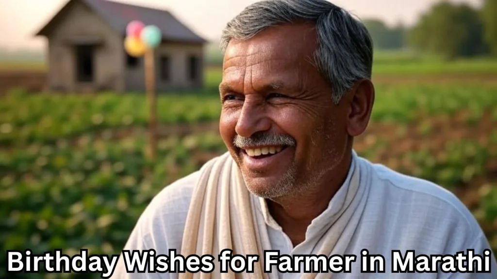 Smiling farmer with scarf in green field and balloons in background