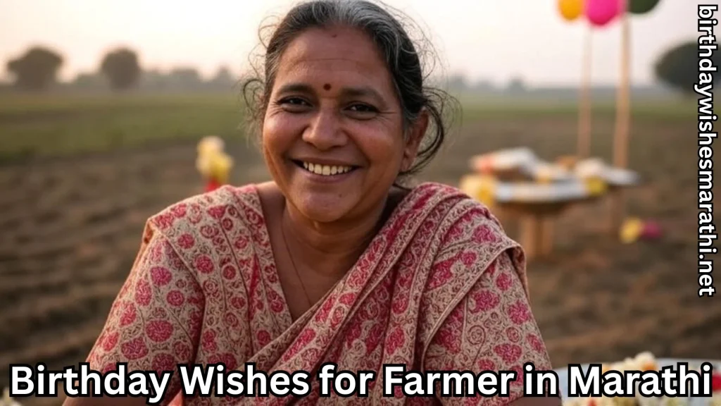 Smiling female farmer in saree with balloons and birthday decor on field
