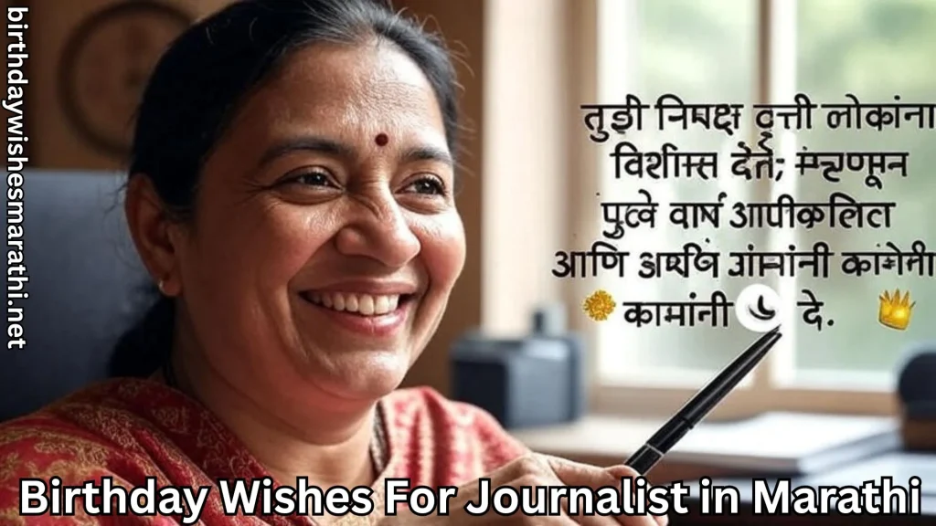Smiling female holding pen with birthday wishes for journalist in marathi text overlay