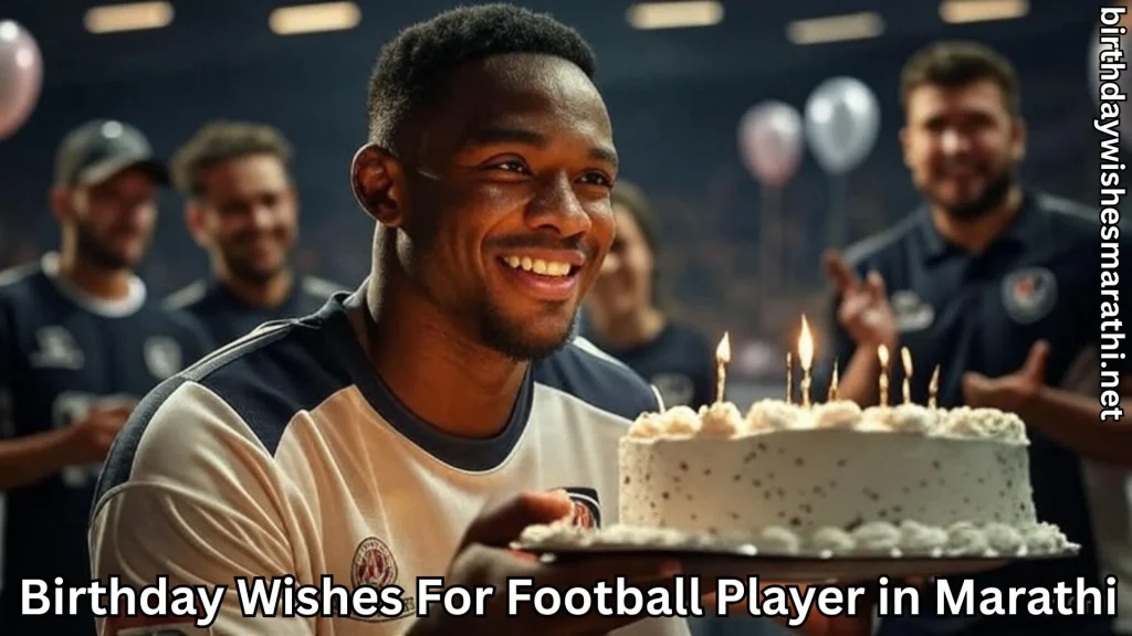 Smiling footballer holding cake with candles, teammates clapping behind